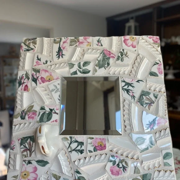 Mirror & 3 Heart Key holders Mosaic China wall art Handmade Victorian Cottage